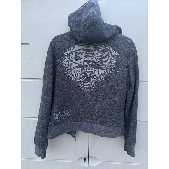 Y2K Vintage Women’s Ed Hardy Sherpa Lined Pom Pom String Studded Hoodie Sz S - Picture 11 of 15